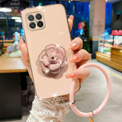 AnDyH For Honor X8 4G 5G Case,Fashion Luxury Beautiful Girls Floral Stand + Hand Ring Simple Solid Color Plated Soft Phone Case