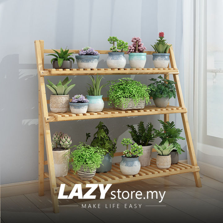 Lazystore 2/3/4 Tier Bamboo Wooden Flower Garden Rack Potted Plant ...