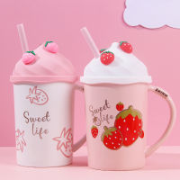 Kawaii Strawberry Ice Cream Mug Coffee Cup Cute Ceramic Tea Mug With Silicone Lid s Straw Cups Student Girl Drink Water Cup