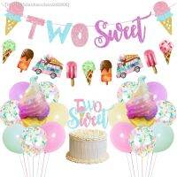 ✁ xianhaochen048906 Funmemoir dois doces sorvete 2nd festa de aniversário decoração conjunto glitter doce banner guirlanda e balões para a menina