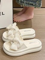 ▣✒ Sponge cake thick-soled one-word slippers womens summer wear 2023 new bowknot fairy style comfortable and versatile sandals and slippers