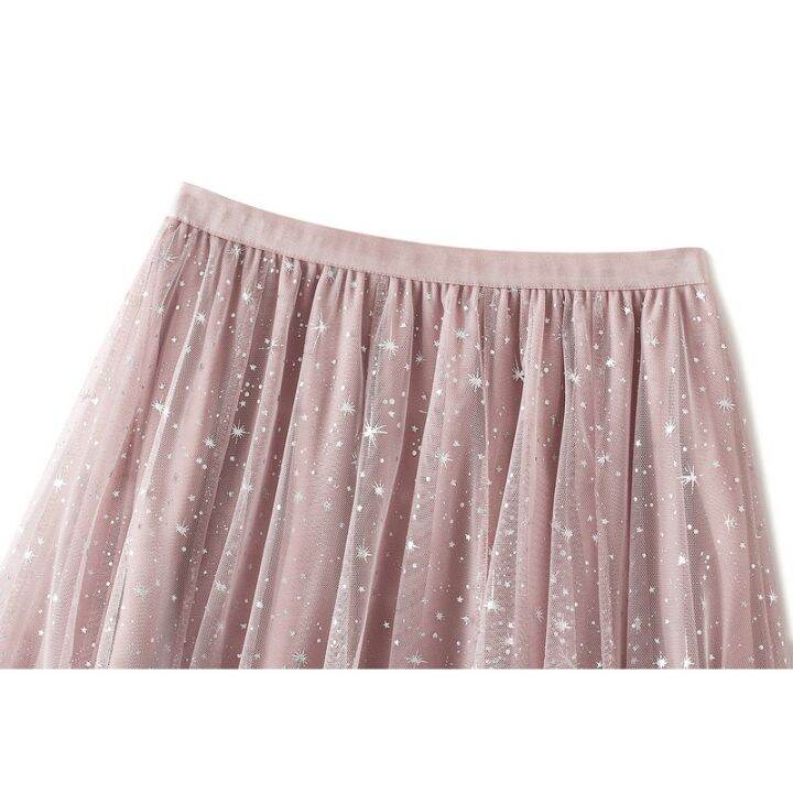 sequined-star-gauze-skirt-womens-fashion-cly-medium-length-skirt