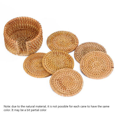 6pcs Coffee Drink Cup Woven Rattan Coasters Placemats Handcrafted Heat-insulating Placemats with Storage Holder for Home Decor