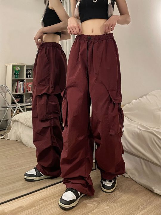 กางเกงคาร์โก้-y2k-อเมริกาแบบย้อนยุคสำหรับเด็กผู้หญิงกางเกงขาม้าจีบแนวสตรีทฮิปฮอปผ้าบางกางเกงเอวสูงฤดูร้อนสไตล์เกาหลี