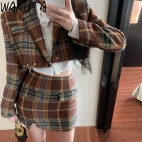 WAKUTA Plaid Vintage Long Sleeve Short Jacket Mini Split Skirts Two Piece Set Korean 2021 Streetwear Autumn Winter Cool Suits