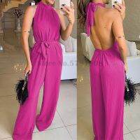 ；【‘；- New Female Fashion Solid Color  Hanging Neck Leaky Back Lace-Up Long Jumpsuit Daily High Street Commuter Casual Clothing