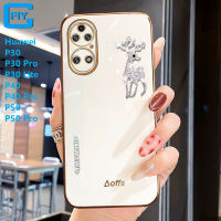 สำหรับ Huawei P30 Lite P30 P40 P50 / Huawei P30 Pro / Huawei P40 Pro / Huawei P50 Pro/ Huawei Mate 30 40 50 Pro แบบหรูหรา6D เพชรแวววาว Elk Deer ที่ใช้ตกแต่งภายนอกสีเคสโทรศัพท์ชุบมันวาวพื้นผิวกระจกฝาหลัง TPU แบบนิ่ม