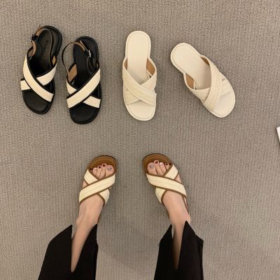 Flat knitting restoring ancient ways Roman sandals women shoes 2022 French small new summer design feeling cool slippers