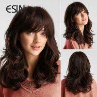 ESIN Synthetic Hair Ombre Dark Brown Wig with Bangs Side Part Medium Long Body Wave Wigs for Women Party Daily Free Hairnet