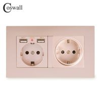 COSWALL 2แก๊งรัสเซียสเปนเบ้าติดผนังมาตรฐานสหภาพยุโรปมี2พอร์ตชาร์จ USB ซ่อนนุ่มแผงพีซีชุดสัญญาณไฟ LED ดำขาวเทา