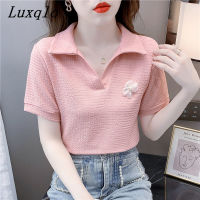 Luxqlo เสื้อแขนสั้นเกาหลีคอวีสำหรับผู้หญิง,เสื้อลำลองหลวมผู้หญิงเสื้อฤดูร้อนผ้าโพลีเอสเตอร์แฟชั่นใหม่