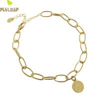 Flyleaf Gold Geometric Chain Letter Round Tag 925 Sterling Silver Anklets For Women cute Girl Ankle Leg Fine Jewelry Enkelbandje