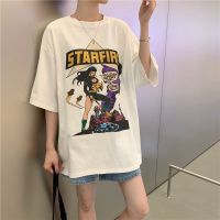 Zuoan Korean Women Blouse Oversized Shirt Fashion Printing Tops Round Neck Short Sleeve T-shirt