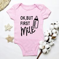 Ok but First Milk Newborn Baby Romper Infant Short Sleeve Baby Boy Girls Letter Clothes Girl Print Suit Born Crawling Baby 0 24M