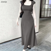 JIAOQI เดรสยาวคอสี่เหลี่ยมแขนสั้นของผู้หญิงเดรสลำลองสไตล์เกาหลีฤดูร้อน