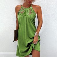 【YF】 Fashion Halter Women Dress 2021 Hot Sale WomenS Sexy Solid Color Lace Sleeve Neck Strapless Mini Short Green