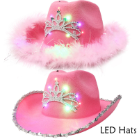 LED Western Style Cowboy Hat Led Pink Womens Fashion Party Cap Warped Wide Brim with Sequin Decoration Crown Tiara Cowgirl Hat