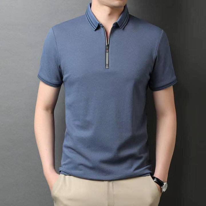 Men's Plain Cotton Short Sleeved with Zipper Polo shirts for Men ...