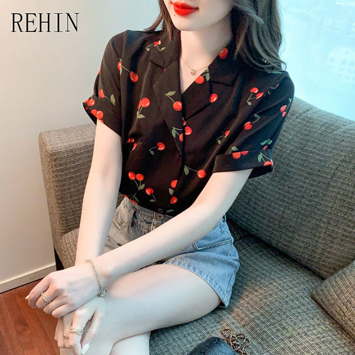 rehin-เสื้อสตรีแขนสั้นพิมพ์ลายเชอร์รี่ฤดูร้อนใหม่-retro-design-niche-v-คอดอกไม้เสื้อชีฟอง