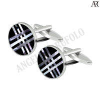 ANGELINO RUFOLO Cufflink(คัฟลิงค์) ดีไซน์ Cross Pearl Onyx Circle กระดุมข้อมือคัฟลิ้งโรเดียมคุณภาพเยี่ยม ตัวเรือนสีเงิน ประดับตกแต่งด้วย Pearl/Onyx