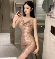 8710 Real Shot! New Shiny Sexy Pile Collar Slim Strap Dress