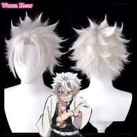 Anime Demon Slayer Shinazugawa Sanemi Cosplay Wig Short Silvery White Hair Kimetsu No Yaiba Heat Resistant Hair Wigs Halloween