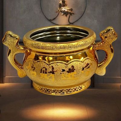 กระถางธูปทอง แบบมีหู กระเบื้อง เซรามิก ทองเขียนทอง ลวดลายอักษรจีน 招财进宝  เจาไฉจิ้นเป่ากวักแปลว่าเงินกวักทอง