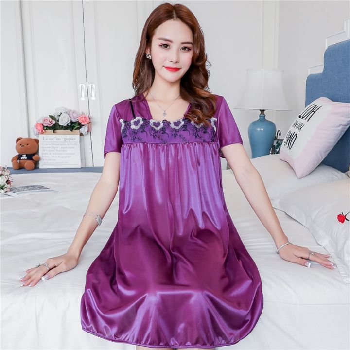 【duoduos Pajamas】lace Nightdress Sexy Sleepwear Nightgowns Night Dress Women Short Sleeve