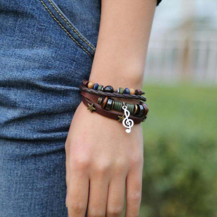 xfashion-สร้อยข้อมือแบบย้อนยุคหนังแท้ลูกปัดอัลลอยด์โน้ตดนตรีสร้อยข้อมือหนังวัว