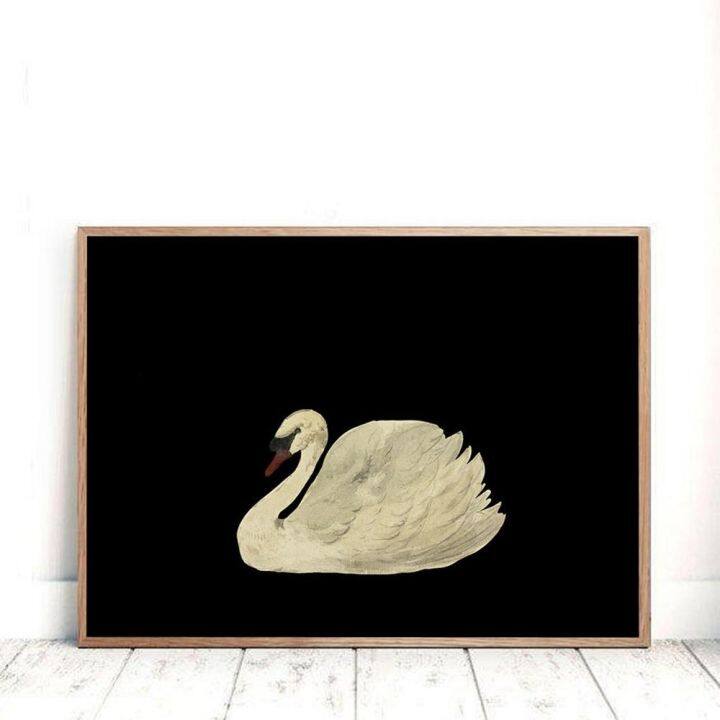 สีดำสีขาวโบราณ-swan-สีน้ำภาพวาดผ้าใบโปสเตอร์และพิมพ์-minimalist-vintage-wall-art-รูปภาพสำหรับตกแต่งห้องนั่งเล่น