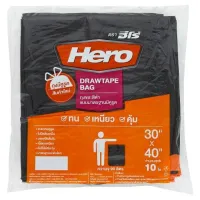 ฮีโร่ ถุงขยะสีดำ แบบมาตรฐานมีหูรูด ขนาด 30 x 40 นิ้ว 10 ใบ/Hero standard black trash bag with 10 x 40 inches purse slip