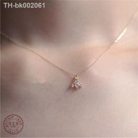 ♗▼ 925 Sterling Silver Plating 14K Gold Inlaid Crystal French Clover Pendant Clavicle Chain Necklace Women Jewelry Accessories