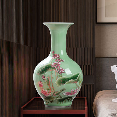 Jingdezhen Porcelain Vase ornament, living room flower arrangement, dry flower, antique lotus pattern,light green glaze vases
