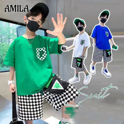 AMILA เสื้อแขนสั้นเด็กผู้ชาย,เสื้อ + กางเกงขาสั้นชุดลำลอง3-8ปีเสื้อแฟชั่นแขนสั้น