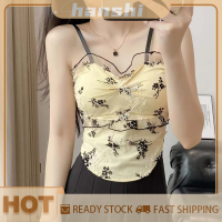 hanshi [2023 new HOT FASHION] lazlook เสื้อกล้ามสายเดี่ยวลูกไม้ลายดอกไม้ย้อนยุคฤดูร้อนเสื้อกล้ามเข้ารูปแขนกุด