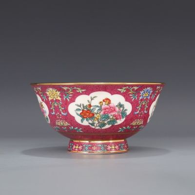 ชามราชวงศ์ชิงทำเครื่องหมายปีที่ยาวนานภาพวาดดอกไม้สีสีพาสเทลดอกไม้ทองชามแพทเทิร์น Guanpai4ของคอลเลกชันเครื่องลายครามโบราณ