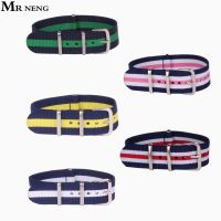 ℗◘♘ MR NENG ยี่ห้อ 12 16 18 20 22 24mm Stripe Woven Fiber watchband 16mm Nylon Watch Straps Wristwatch Band Buckle ผ้าราคาถูก