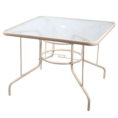 Table outdoor , table top is clear glass, beige , size 100 x 100 x 70 cm.