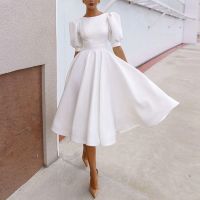 Simple and Clean Satin Short Wedding Dress Puff Sleeve Knee Length Bride Dresses Sexy Open Back Wedding Party Gowns