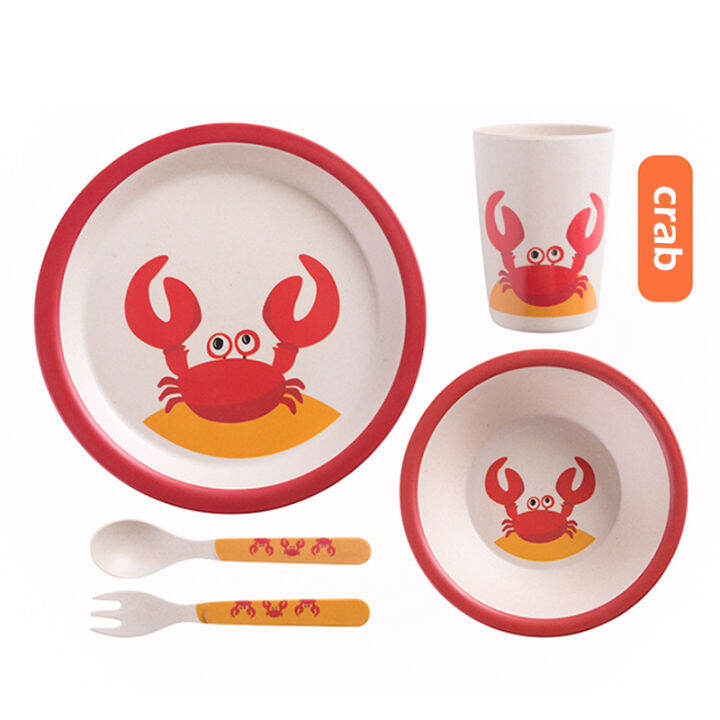 childrens-tableware-five-piece-suit-disc-bamboo-plate-cartoons-set-of-dishes-plates-baby-tableware-bowl-cup-fork-spoon