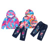 [COD] 2021 new foreign trade childrens spring and autumn ripped denim suits tie-dyed sweater