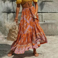 Jastie Women Maxi Skirt Cotton Orange Floral Print Split y Summer Skirts Vintage Beach Casual Clothes Boho Long Women Skirts