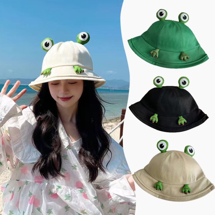 การป้องกันแสงแดดสำหรับชาวประมงชายหาด-topi-bucket-สีเขียวของผู้หญิงหมวกการ์ตูนกบตาเดินป่ากลางแจ้งน่ารักสำหรับฤดูร้อน