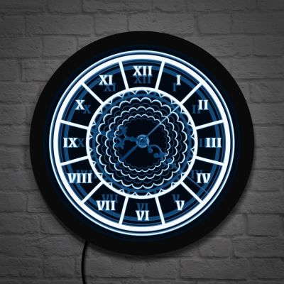 นาฬิกาติดผนังทรงกลมสีดำโบราณพร้อมไฟ LED ลายดอกไม้เปลี่ยนสีได้7สีพร้อมนาฬิกาควบคุมระยะไกล
