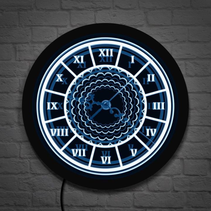 นาฬิกาติดผนังทรงกลมสีดำโบราณพร้อมไฟ-led-ลายดอกไม้เปลี่ยนสีได้7สีพร้อมนาฬิกาควบคุมระยะไกล
