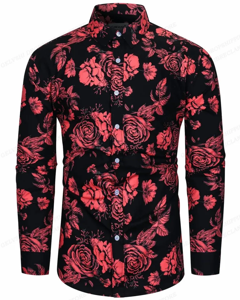 TUNEVUSE Mens Floral Dress Shirt Long Sleeve Hawaiian Button Down Flower  Pattern