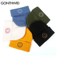 GONTHWID Beanie Plain Knit Hats Hip Hop Harajuku Embroidery Smile Face Warm Cuff Cap Slouchy Skull Ski Beanies Casual Bonnets