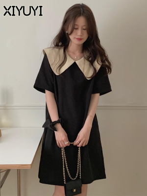 XIYUYI เวอร์ชั่นเกาหลี Niche Design Solid Color Dress Contrast Color Puff Sleeve Slim Dress