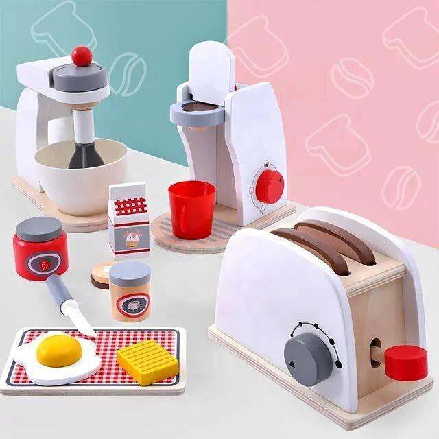 H.household MnKC Wooden Toaster Bread Maker Mixer Coffee Maker Pretend