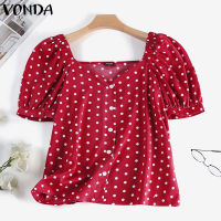 เสื้อลายจุดลำลอง VONDA ผู้หญิงแขนพองสั้น V-Neck วันหยุด (ลำลองเกาหลี) #2